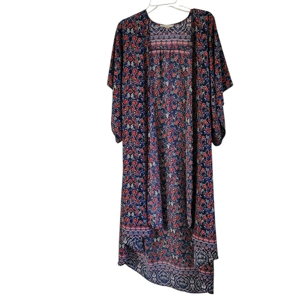 Band of Gypsies Bohemian Maxi Floral Duster Kimono  - Navy and Coral
